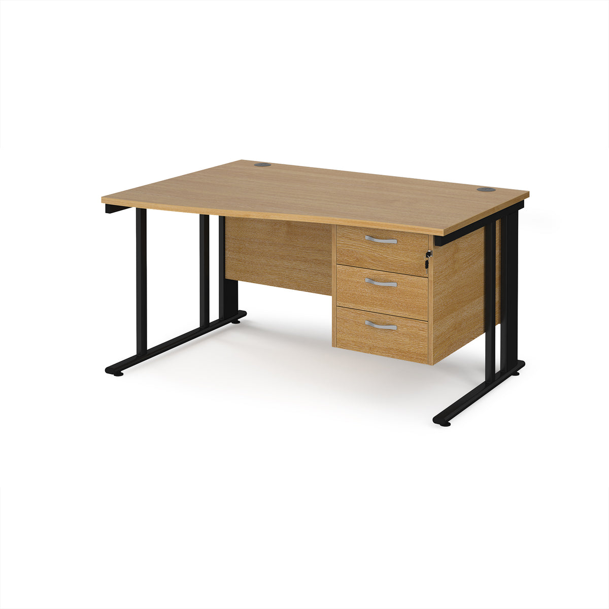 Maestro 25 left hand wave desk 1400mm wide with 3 drawer pedestal - black cable managed leg frame, Oak Top - view 1