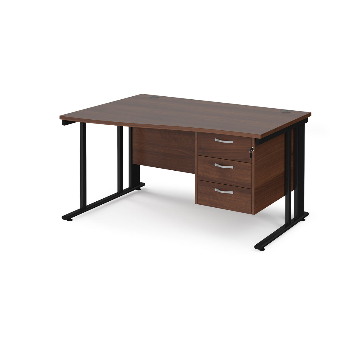 Maestro 25 left hand wave desk 1400mm wide with 3 drawer pedestal - black cable managed leg frame, Walnut top - view 1