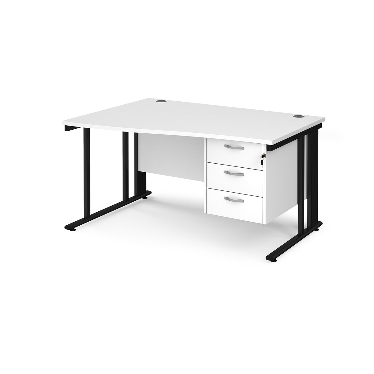 Maestro 25 left hand wave desk 1400mm wide with 3 drawer pedestal - black cable managed leg frame, White Top - view 1