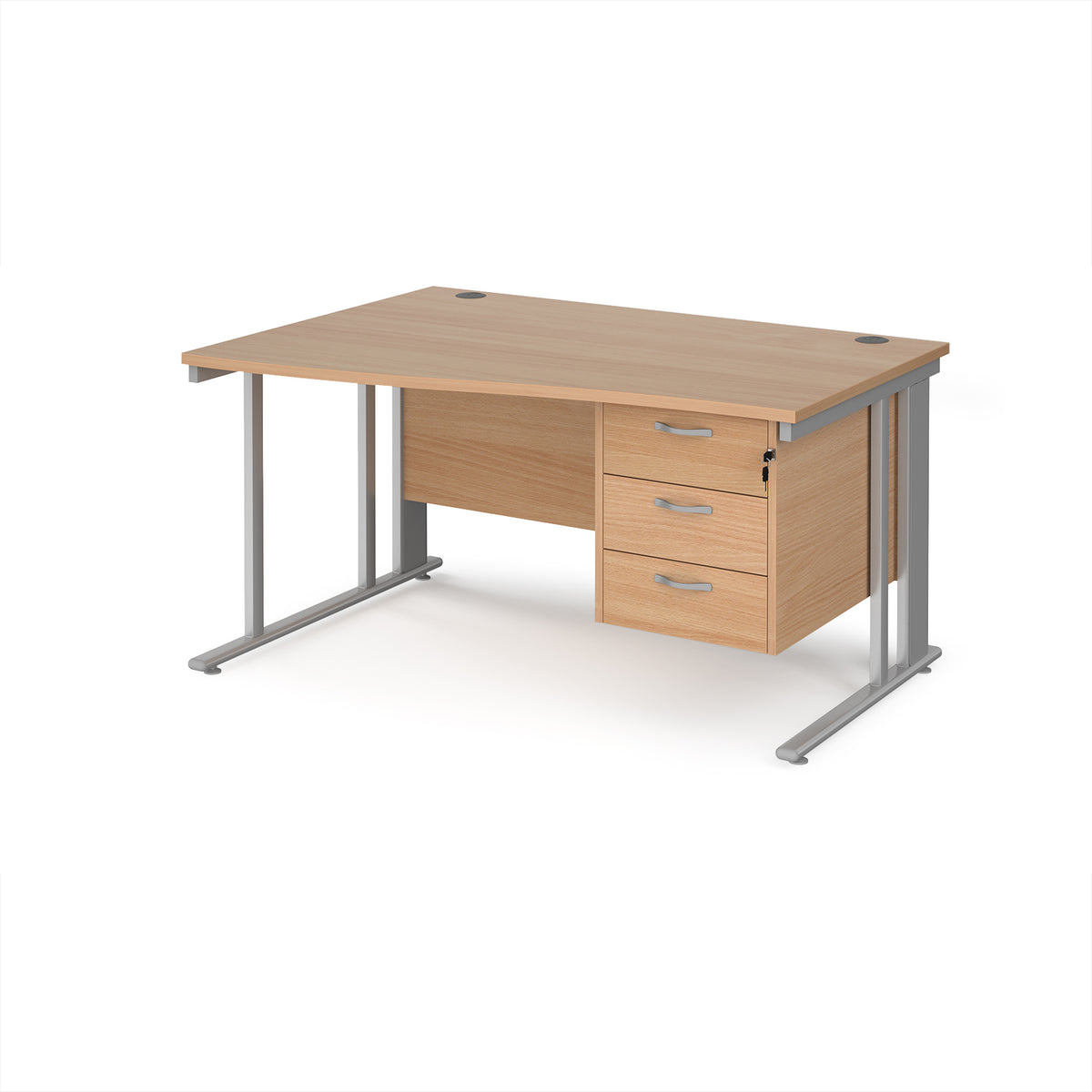 Maestro 25 left hand wave desk 1400mm wide with 3 drawer pedestal - silver cable managed leg frame, Beech top - view 1