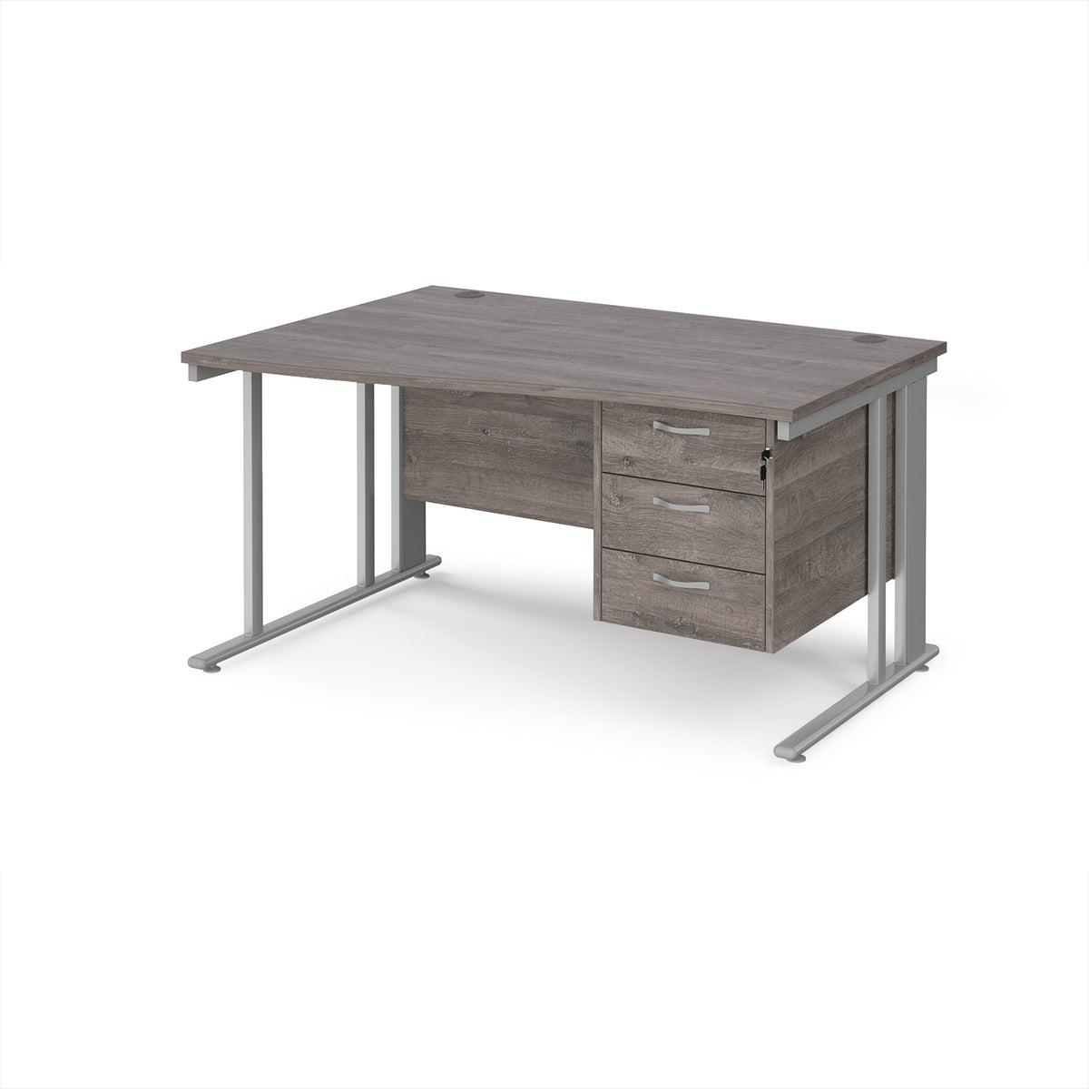 Maestro 25 left hand wave desk 1400mm wide with 3 drawer pedestal - silver cable managed leg frame, Grey Oak Top - view 1