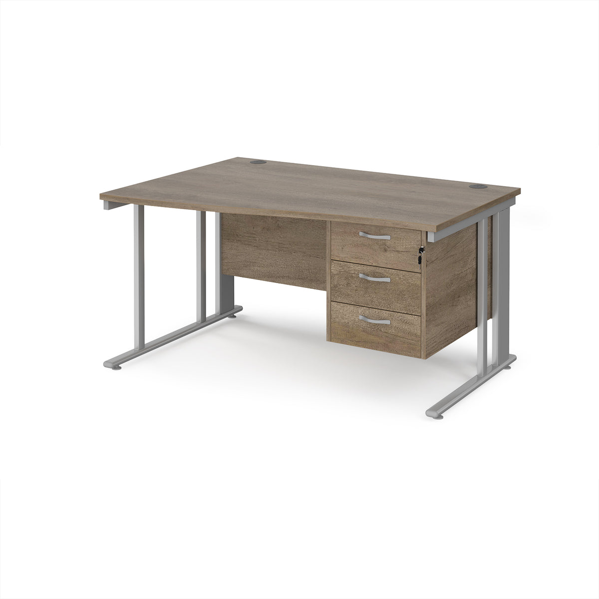 Maestro 25 left hand wave desk 1400mm wide with 3 drawer pedestal - silver cable managed leg frame, Nebraska Oak Top - view 1