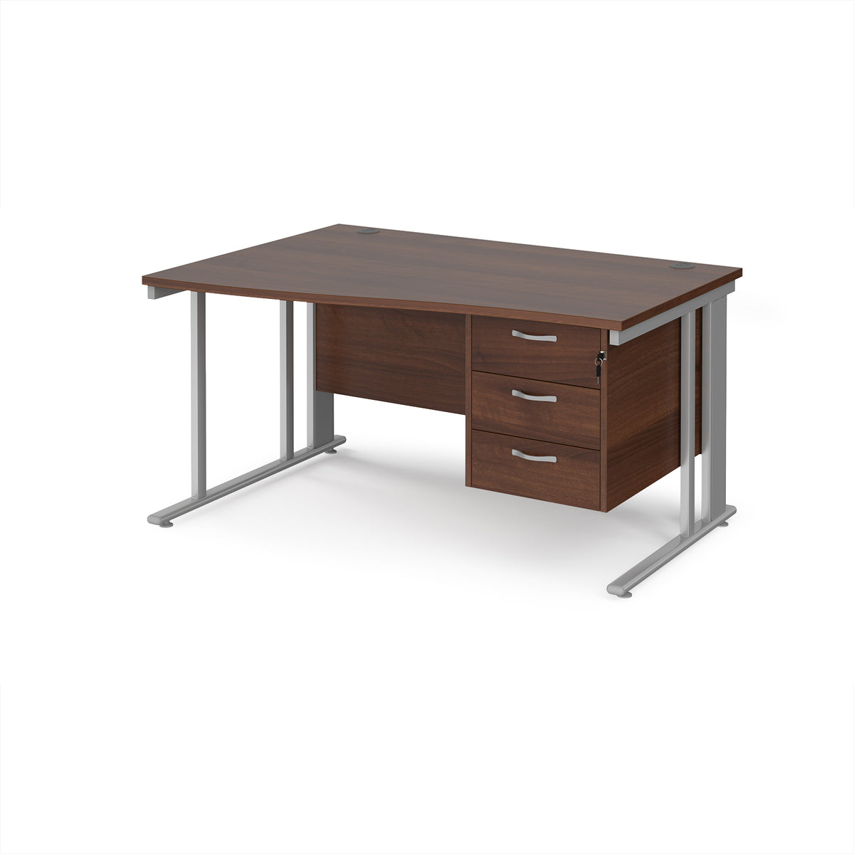 Maestro 25 left hand wave desk 1400mm wide with 3 drawer pedestal - silver cable managed leg frame, Walnut top - view 1