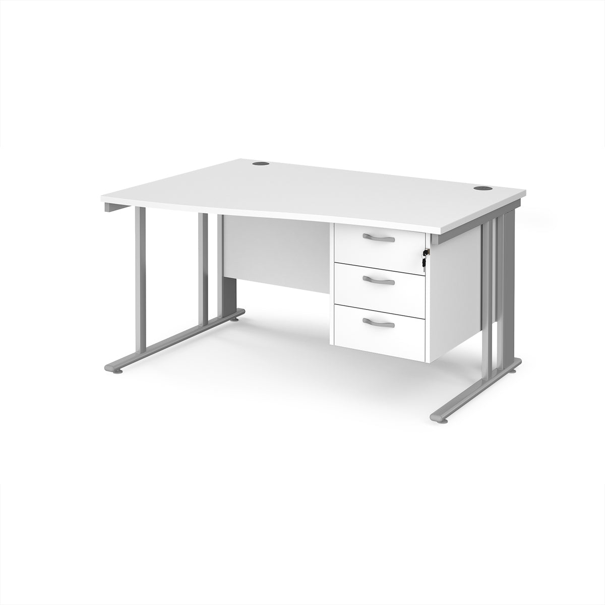 Maestro 25 left hand wave desk 1400mm wide with 3 drawer pedestal - silver cable managed leg frame, White Top - view 1