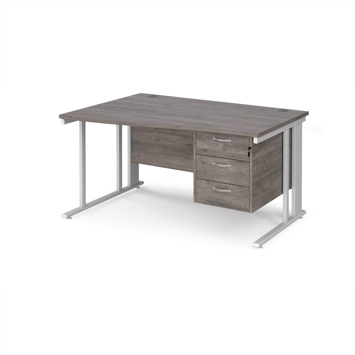 Maestro 25 left hand wave desk 1400mm wide with 3 drawer pedestal - white cable managed leg frame, Grey Oak Top - view 1