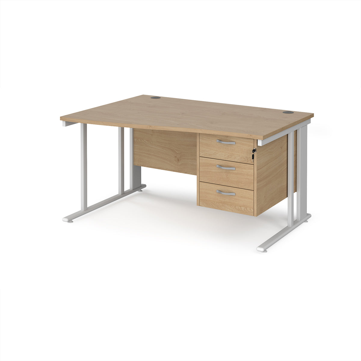 Maestro 25 left hand wave desk 1400mm wide with 3 drawer pedestal - white cable managed leg frame, Kendal Oak Top - view 1