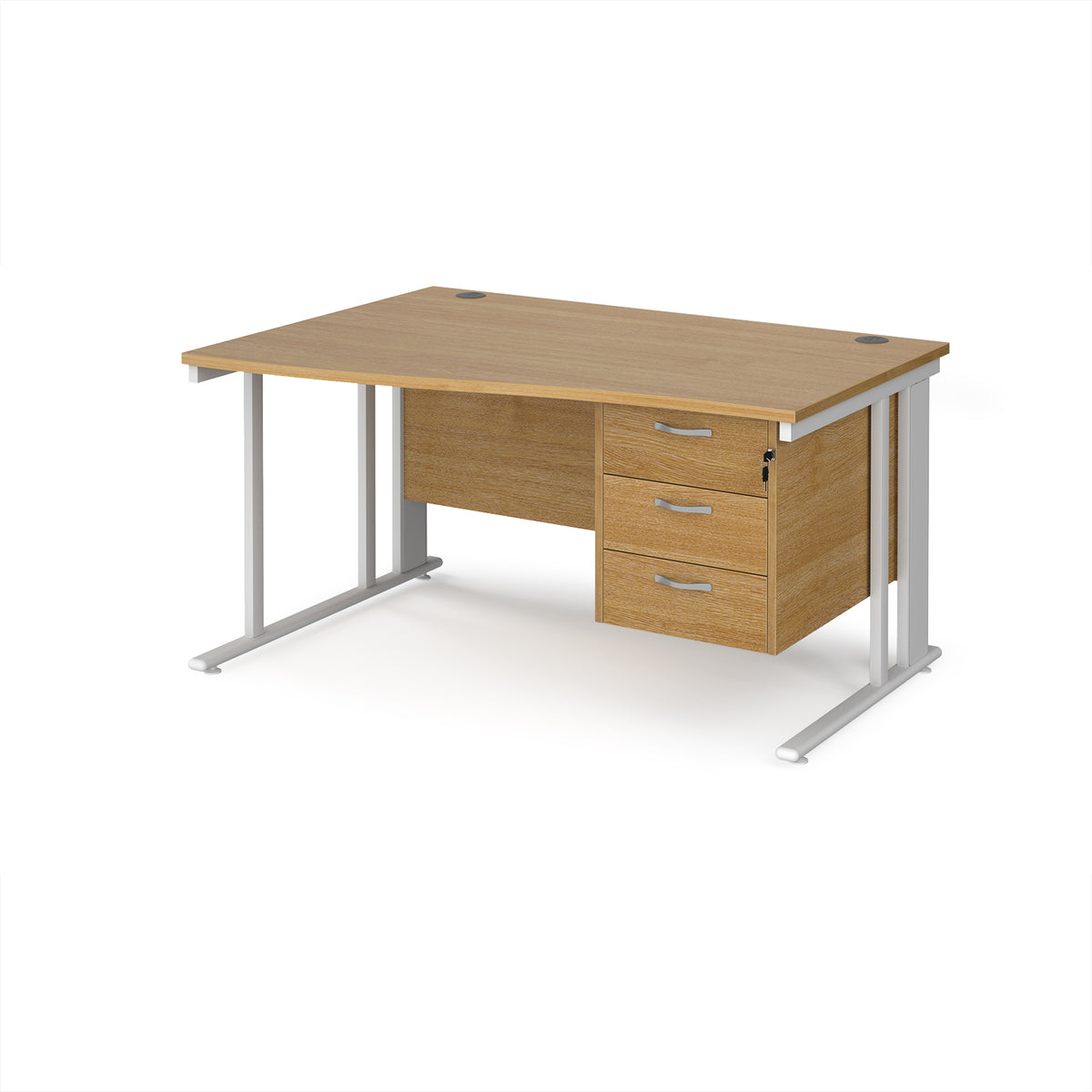 Maestro 25 left hand wave desk 1400mm wide with 3 drawer pedestal - white cable managed leg frame, Oak Top - view 1