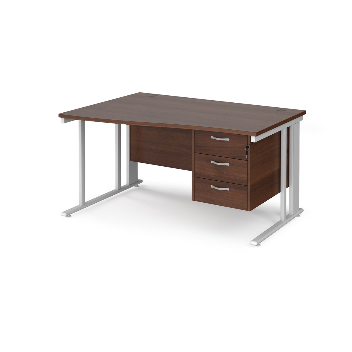 Maestro 25 left hand wave desk 1400mm wide with 3 drawer pedestal - white cable managed leg frame, Walnut top - view 1