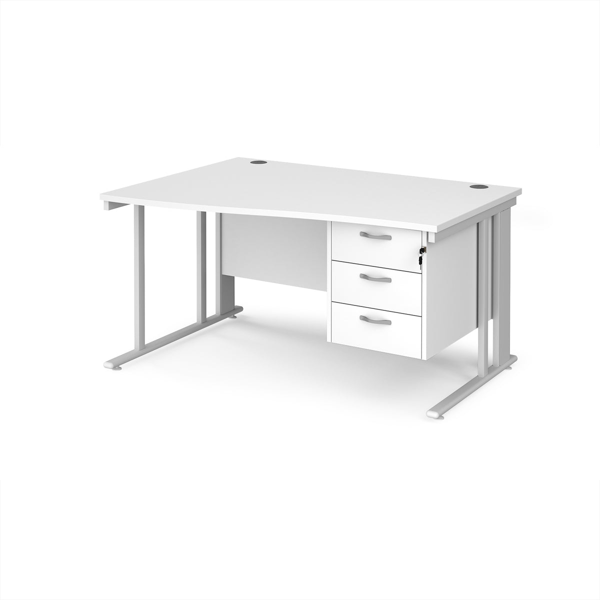 Maestro 25 left hand wave desk 1400mm wide with 3 drawer pedestal - white cable managed leg frame, White Top - view 1