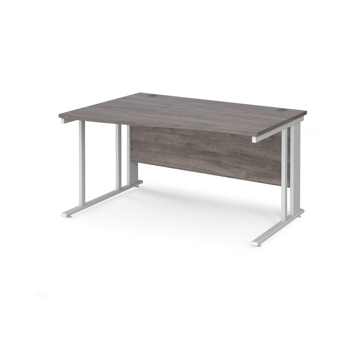 Maestro 25 left hand wave desk 1400mm wide - white cable managed leg frame, Grey Oak Top - view 1