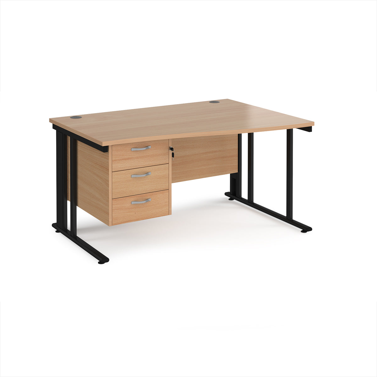 Maestro 25 right hand wave desk 1400mm wide with 3 drawer pedestal - black cable managed leg frame, Beech top - view 1