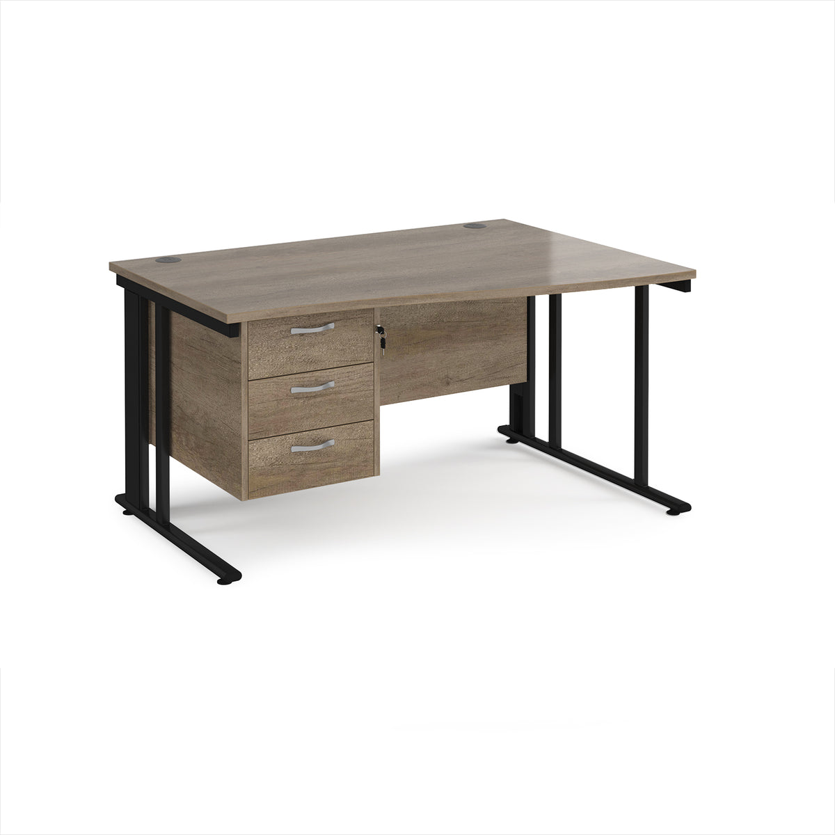 Maestro 25 right hand wave desk 1400mm wide with 3 drawer pedestal - black cable managed leg frame, Nebraska Oak Top - view 1