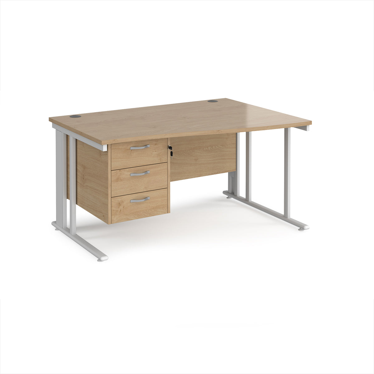 Maestro 25 right hand wave desk 1400mm wide with 3 drawer pedestal - white cable managed leg frame, Kendal Oak Top - view 1
