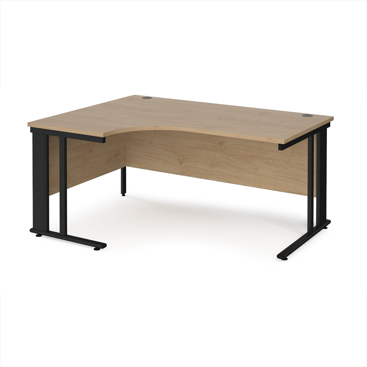 Maestro 25 left hand ergonomic desk 1600mm wide - black cable managed leg frame, Kendal Oak Top - view 1