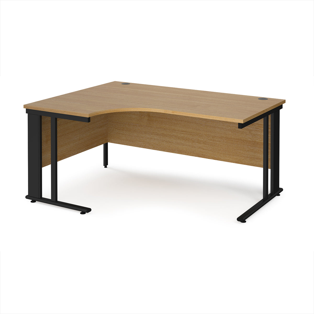 Maestro 25 left hand ergonomic desk 1600mm wide - black cable managed leg frame, Oak Top - view 1