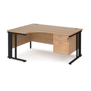 Maestro 25 left hand ergonomic desk 1600mm wide with 2 drawer pedestal - black cable managed leg frame, Beech top - view 1