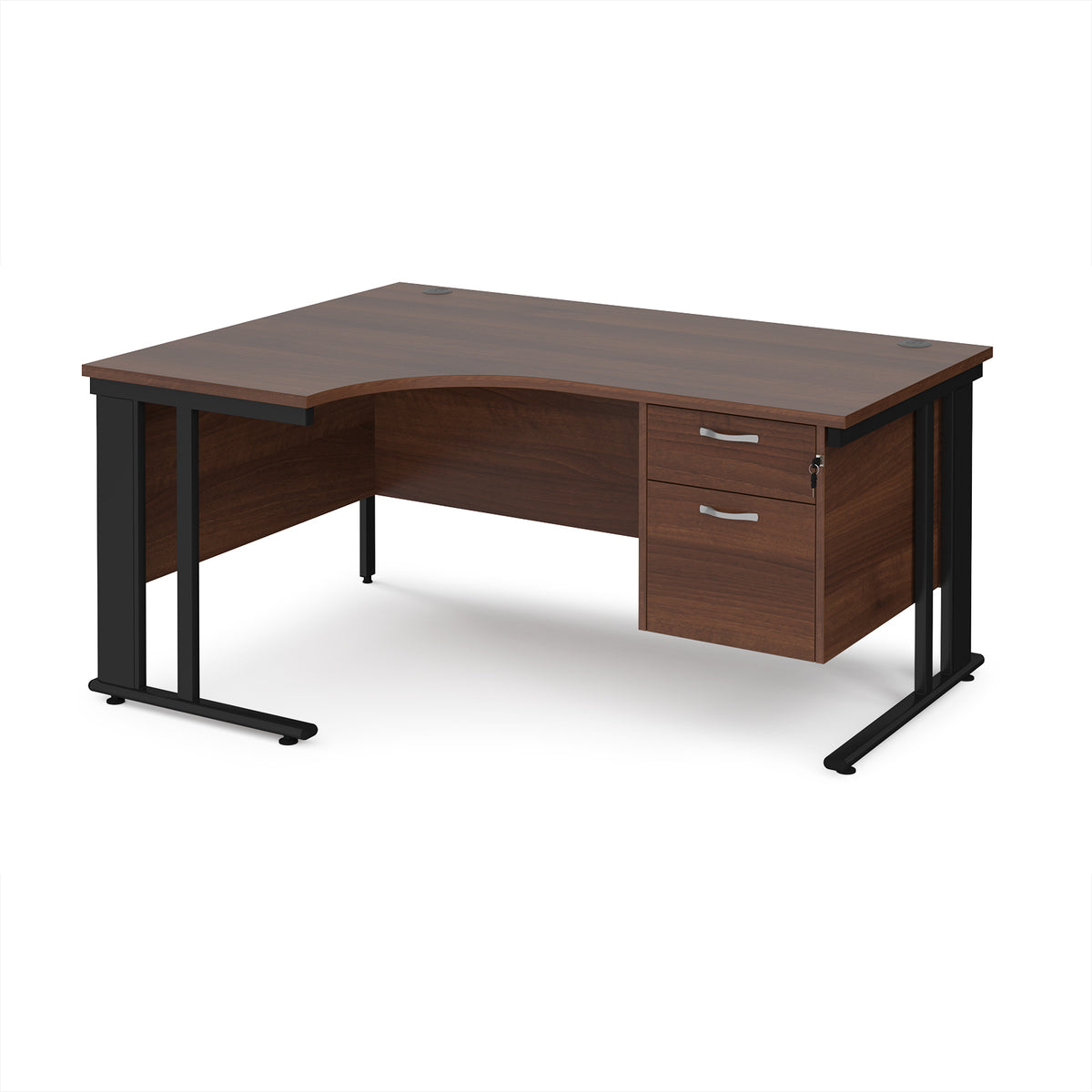 Maestro 25 left hand ergonomic desk 1600mm wide with 2 drawer pedestal - black cable managed leg frame, Walnut top - view 1