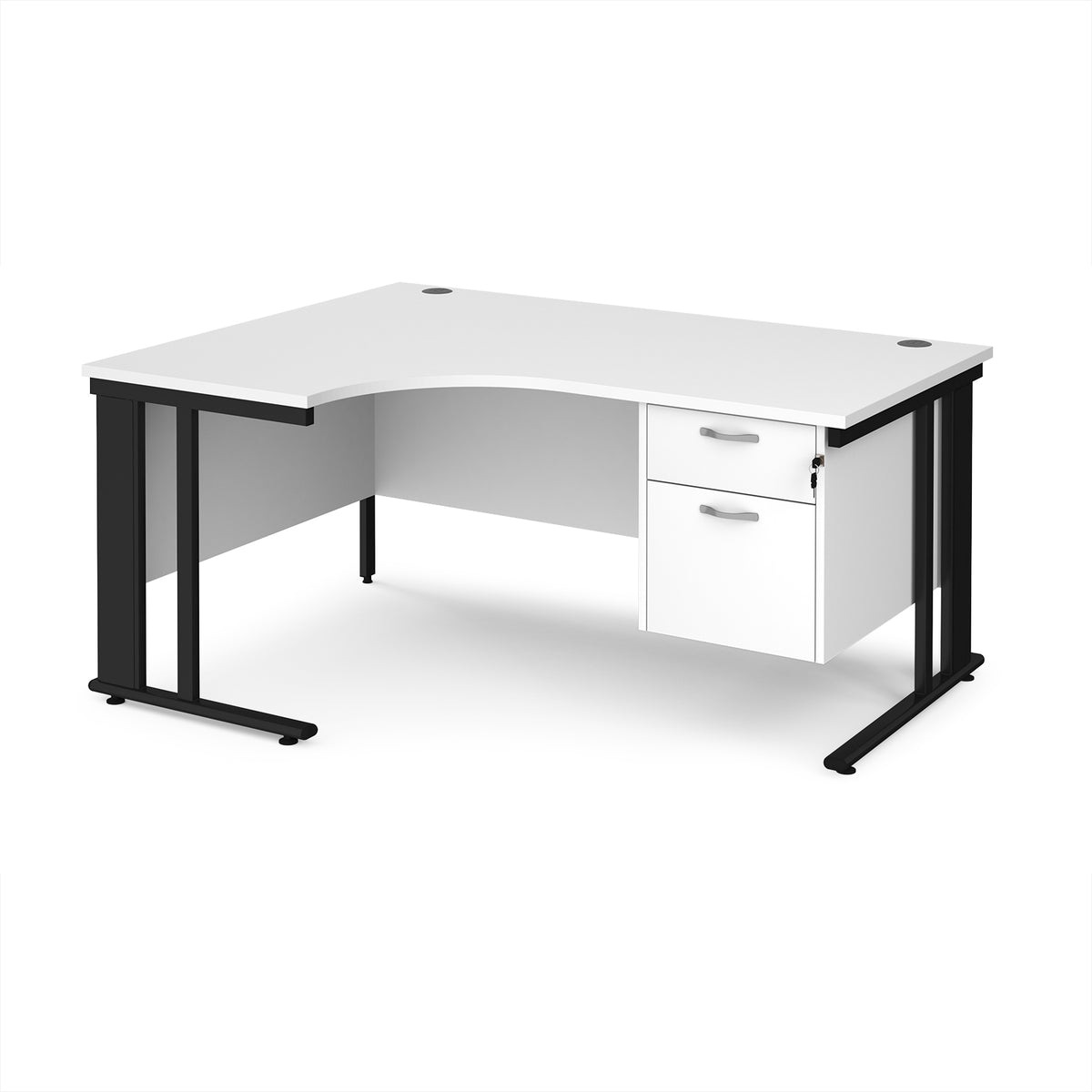 Maestro 25 left hand ergonomic desk 1600mm wide with 2 drawer pedestal - black cable managed leg frame, White Top - view 1