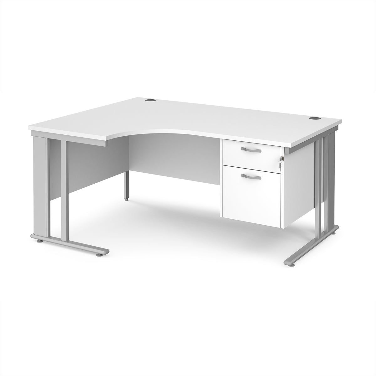 Maestro 25 left hand ergonomic desk 1600mm wide with 2 drawer pedestal - silver cable managed leg frame, White Top - view 1