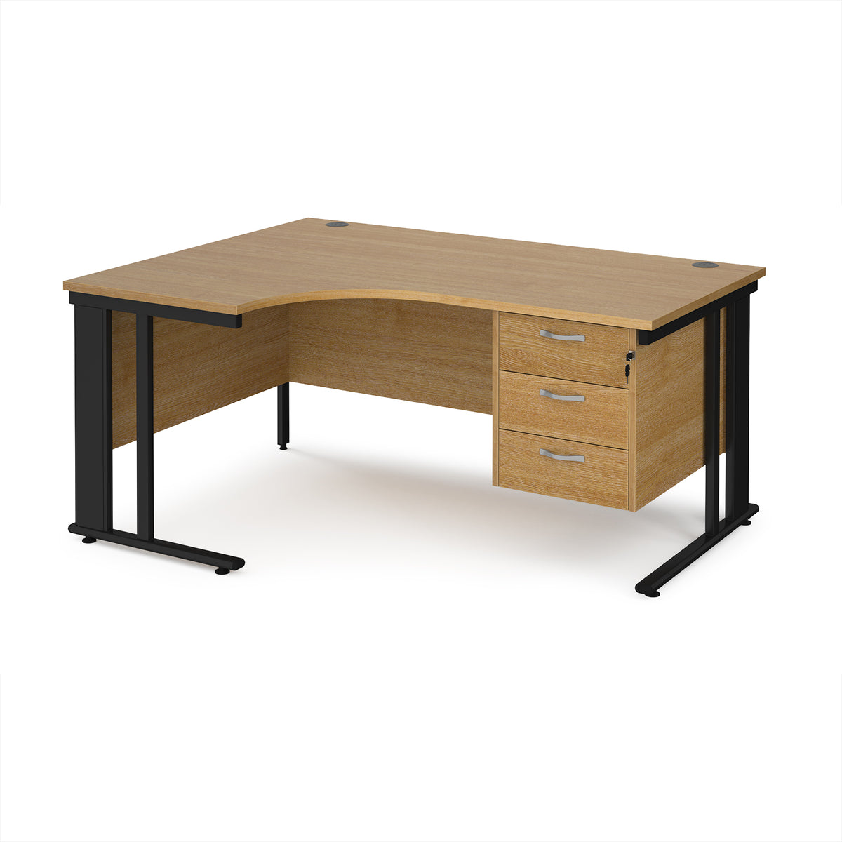 Maestro 25 left hand ergonomic desk 1600mm wide with 3 drawer pedestal - black cable managed leg frame, Oak Top - view 1