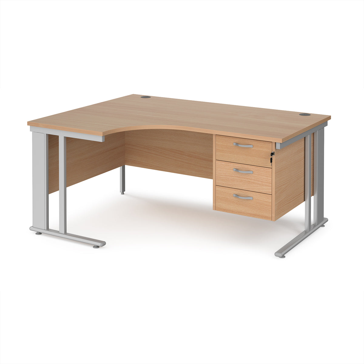 Maestro 25 left hand ergonomic desk 1600mm wide with 3 drawer pedestal - silver cable managed leg frame, Beech top - view 1
