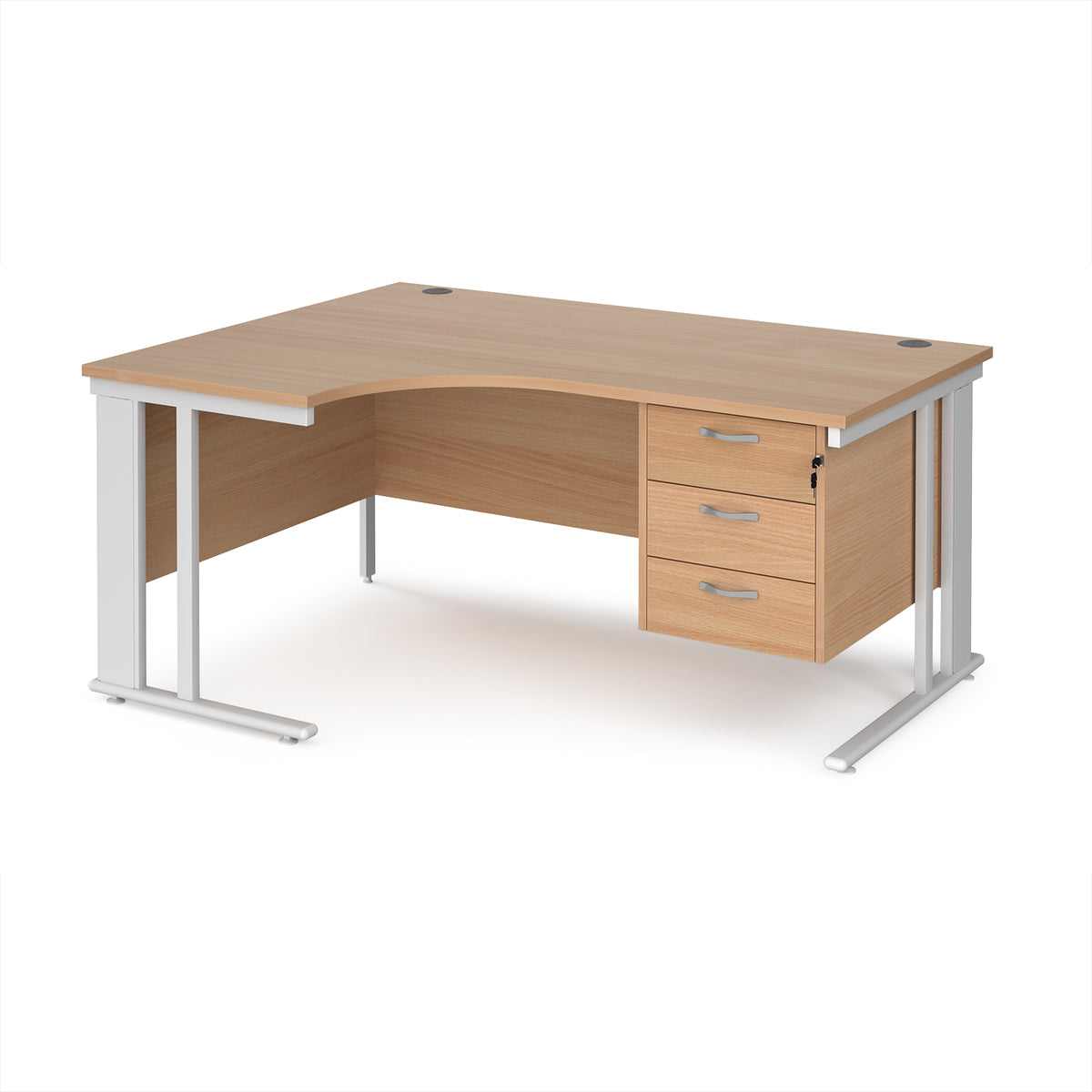 Maestro 25 left hand ergonomic desk 1600mm wide with 3 drawer pedestal - white cable managed leg frame, Beech top - view 1