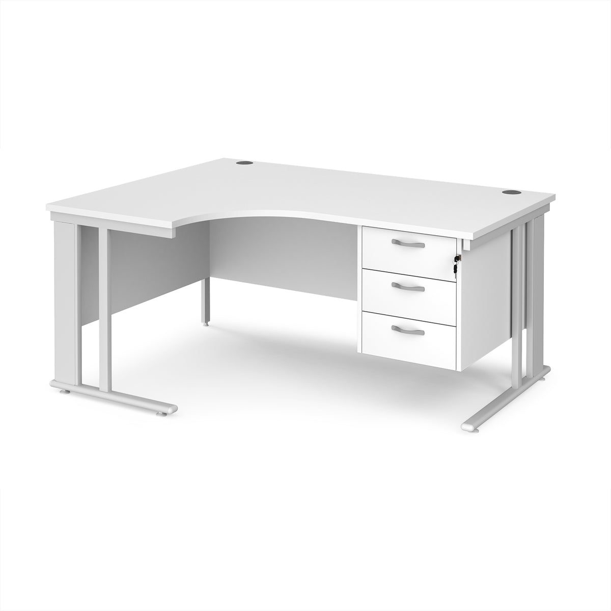 Maestro 25 left hand ergonomic desk 1600mm wide with 3 drawer pedestal - white cable managed leg frame, White Top - view 1