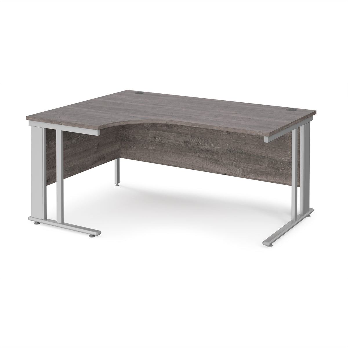 Maestro 25 left hand ergonomic desk 1600mm wide - silver cable managed leg frame, Grey Oak Top - view 1