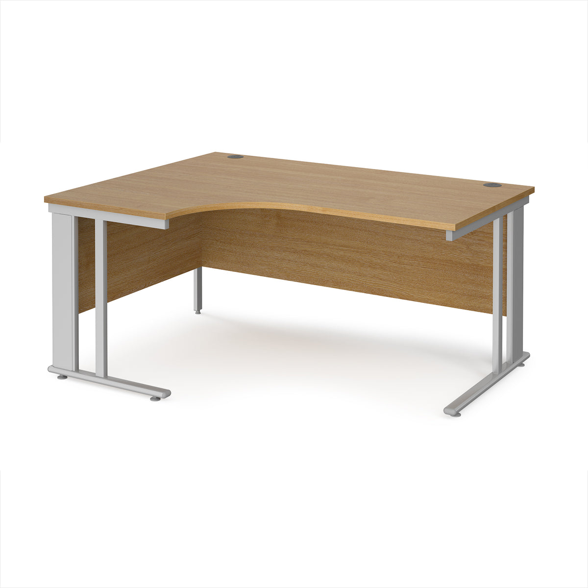 Maestro 25 left hand ergonomic desk 1600mm wide - silver cable managed leg frame, Oak Top - view 1