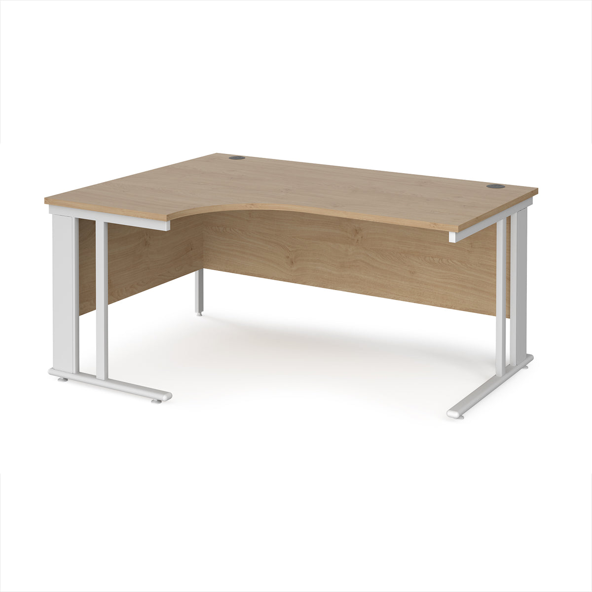 Maestro 25 left hand ergonomic desk 1600mm wide - white cable managed leg frame, Kendal Oak Top - view 1