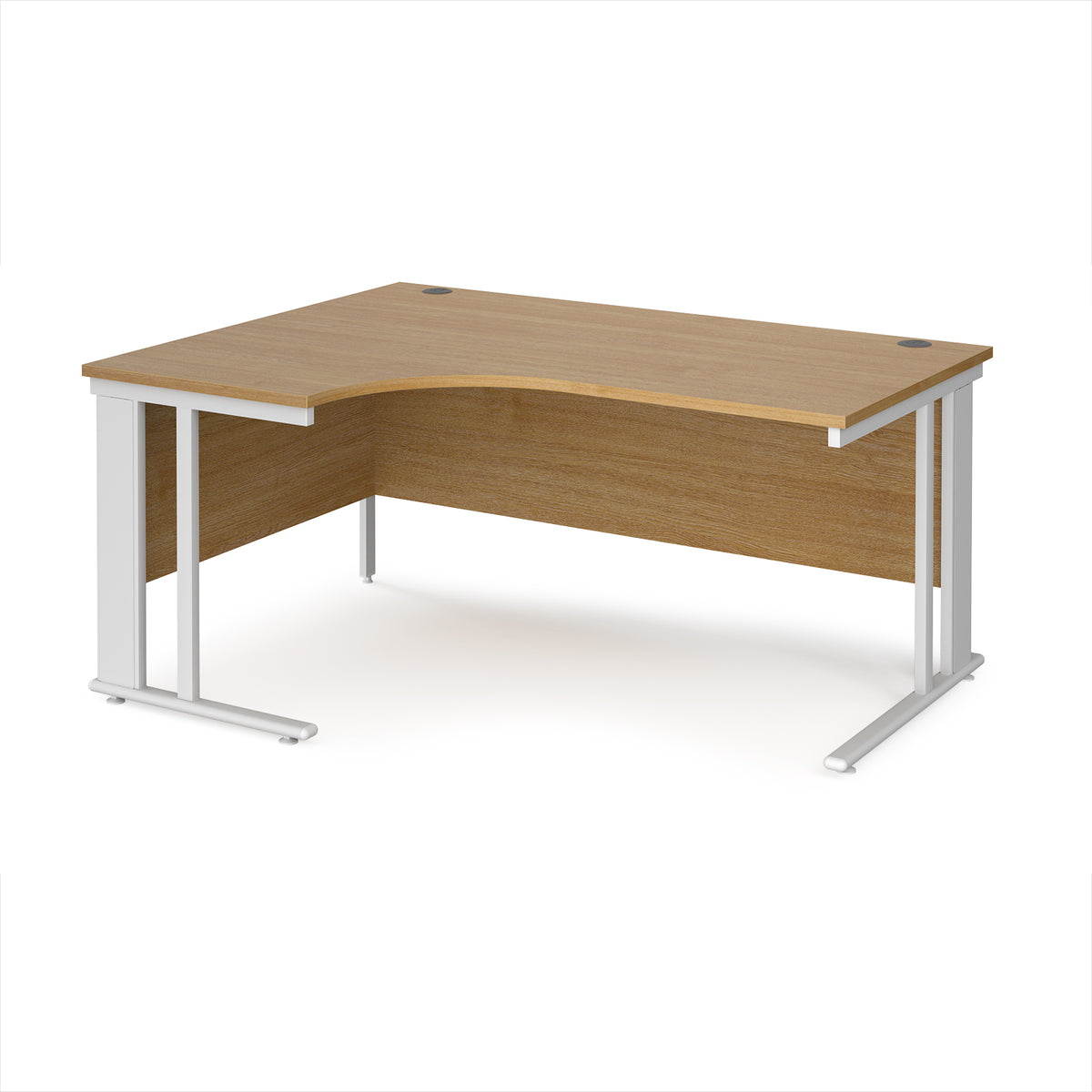 Maestro 25 left hand ergonomic desk 1600mm wide - white cable managed leg frame, Oak Top - view 1