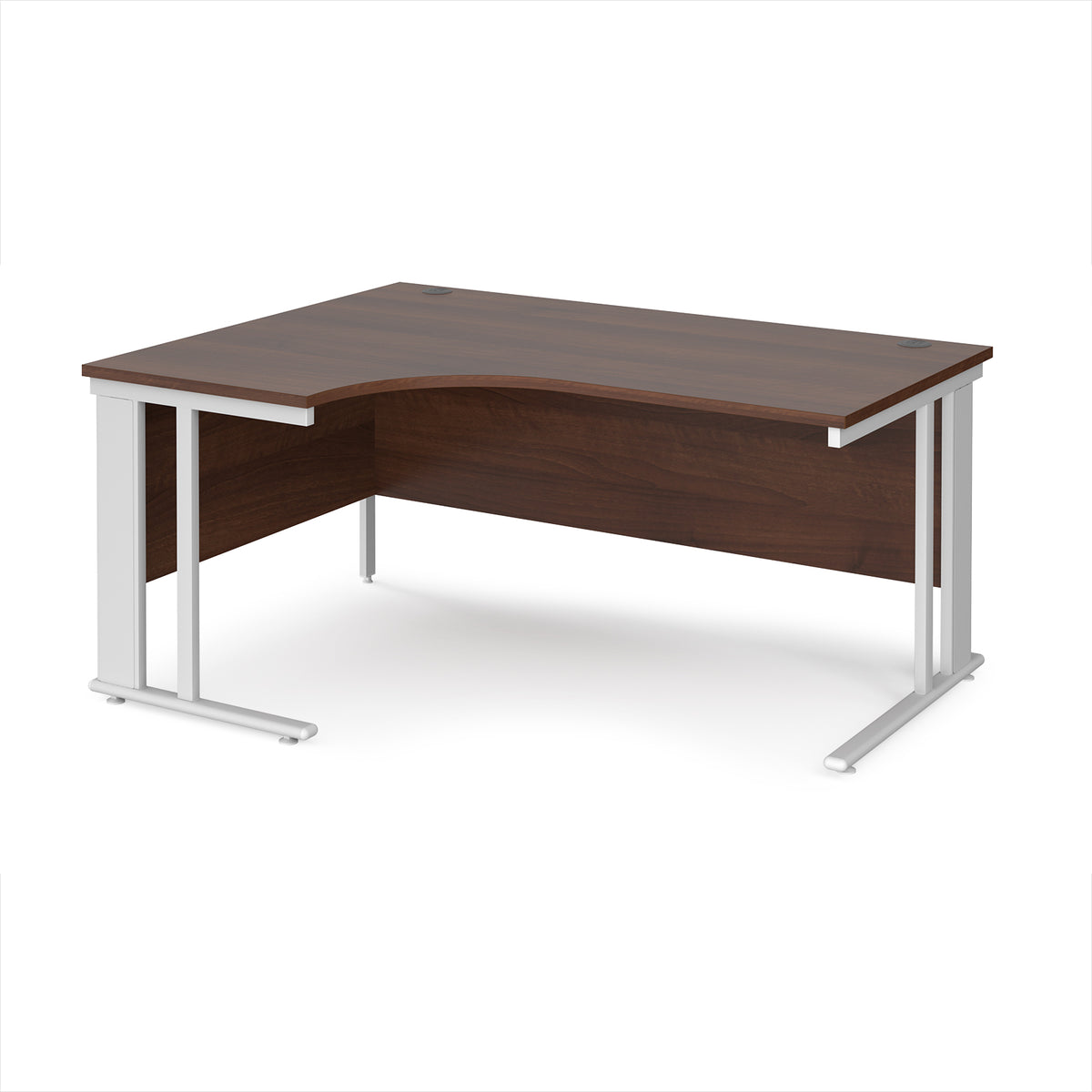 Maestro 25 left hand ergonomic desk 1600mm wide - white cable managed leg frame, Walnut top - view 1