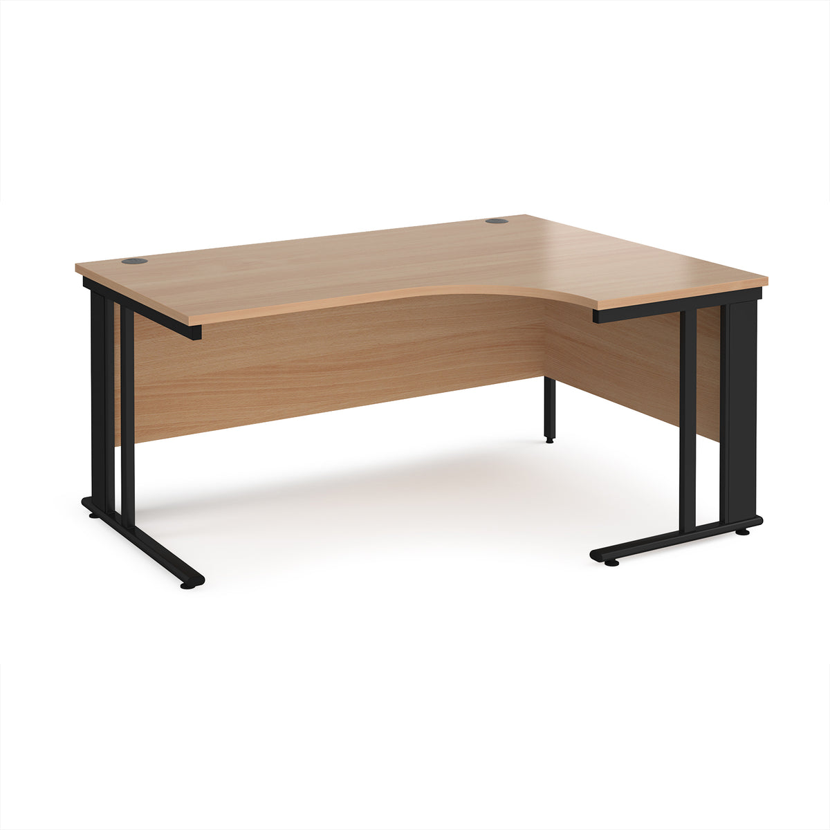 Maestro 25 right hand ergonomic desk 1600mm wide - black cable managed leg frame, Beech top - view 1