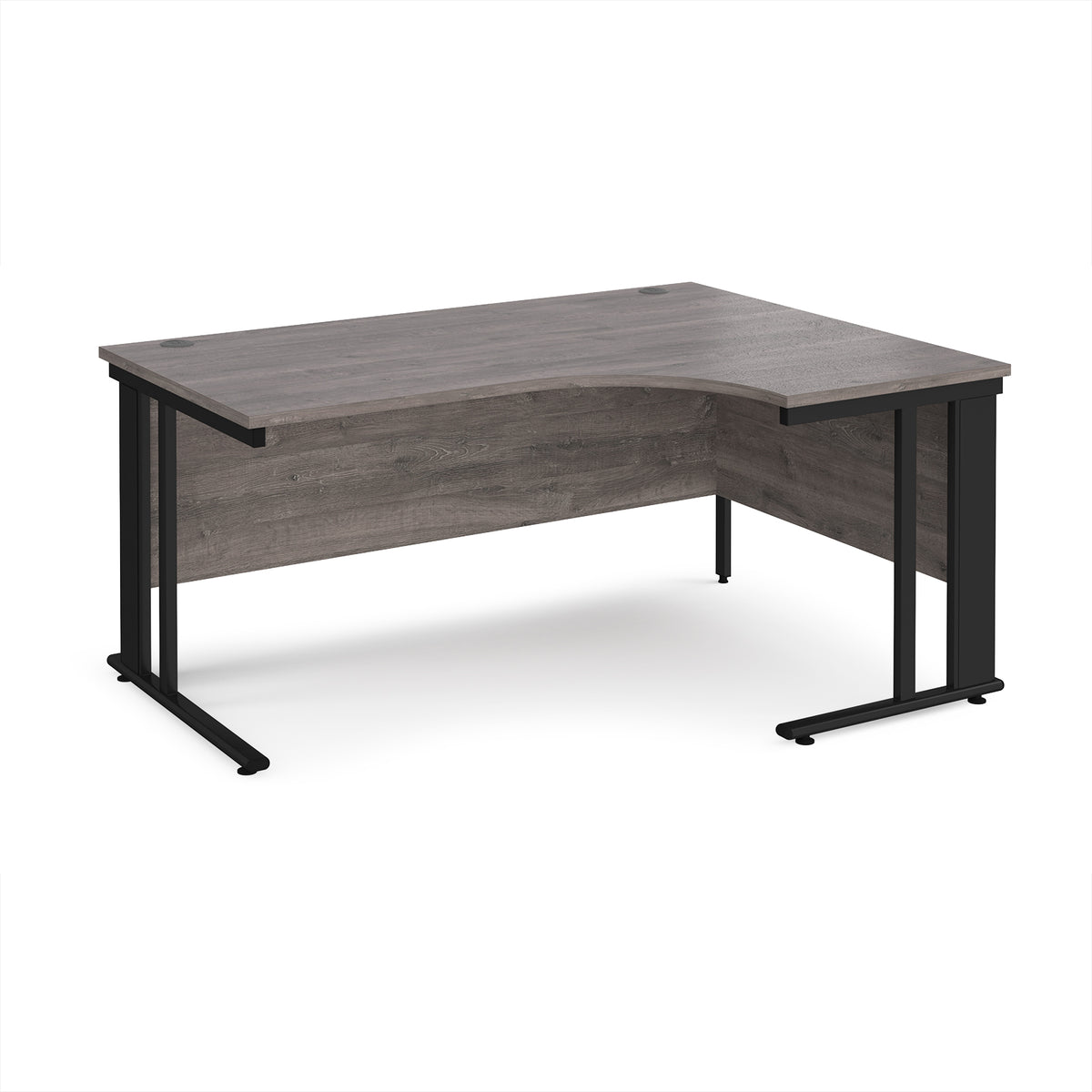 Maestro 25 right hand ergonomic desk 1600mm wide - black cable managed leg frame, Grey Oak Top - view 1