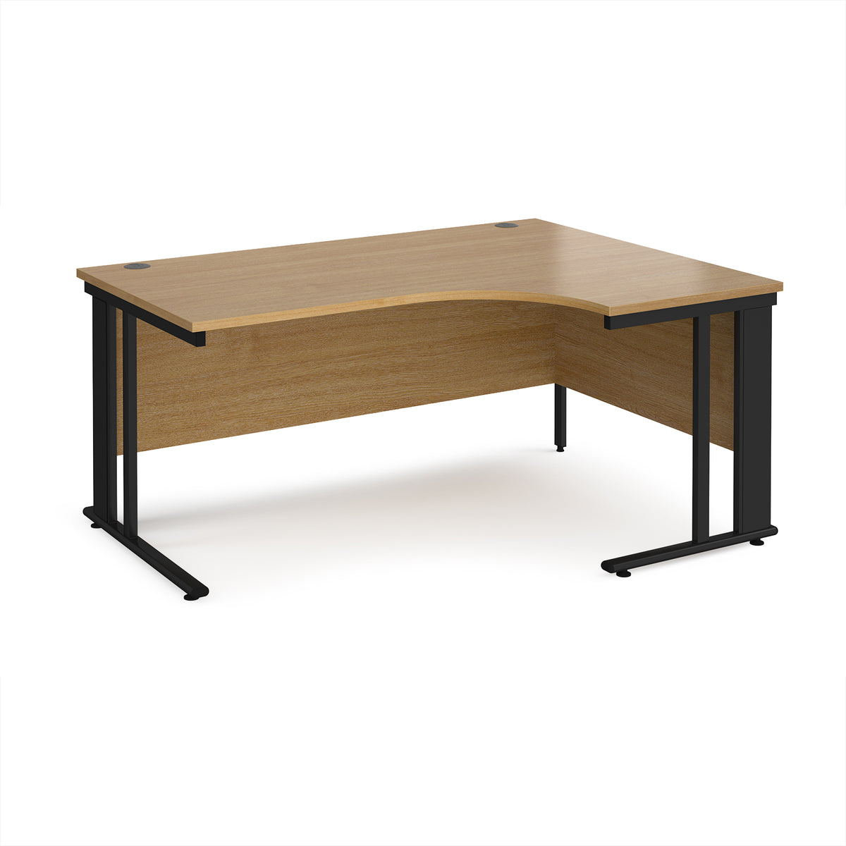 Maestro 25 right hand ergonomic desk 1600mm wide - black cable managed leg frame, Oak Top - view 1