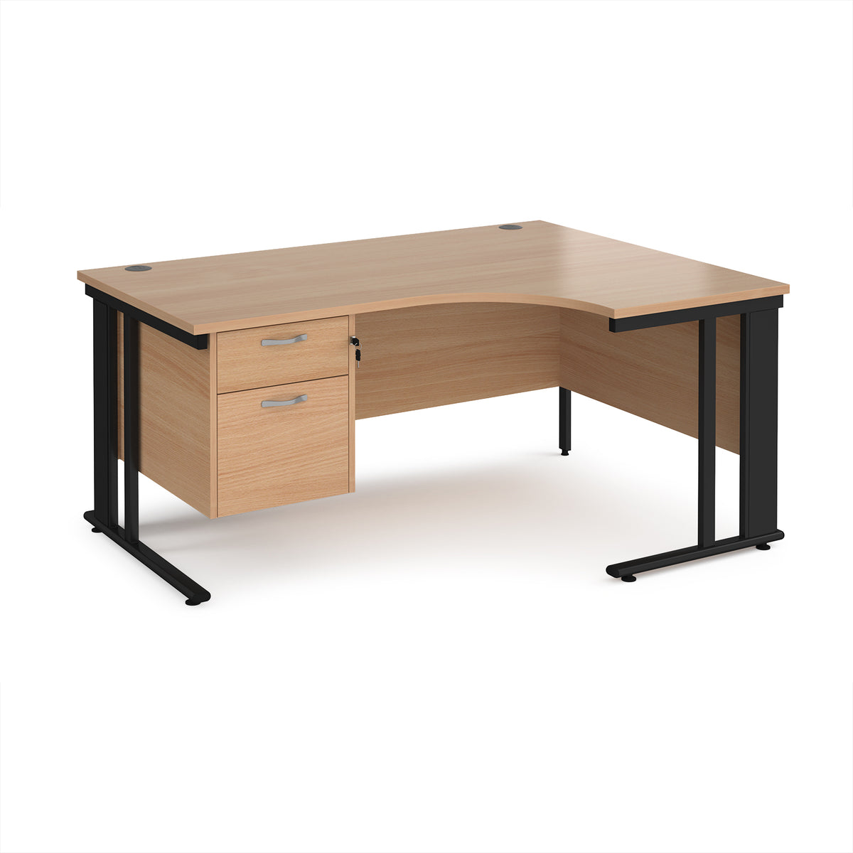 Maestro 25 right hand ergonomic desk 1600mm wide with 2 drawer pedestal - black cable managed leg frame, Beech top - view 1