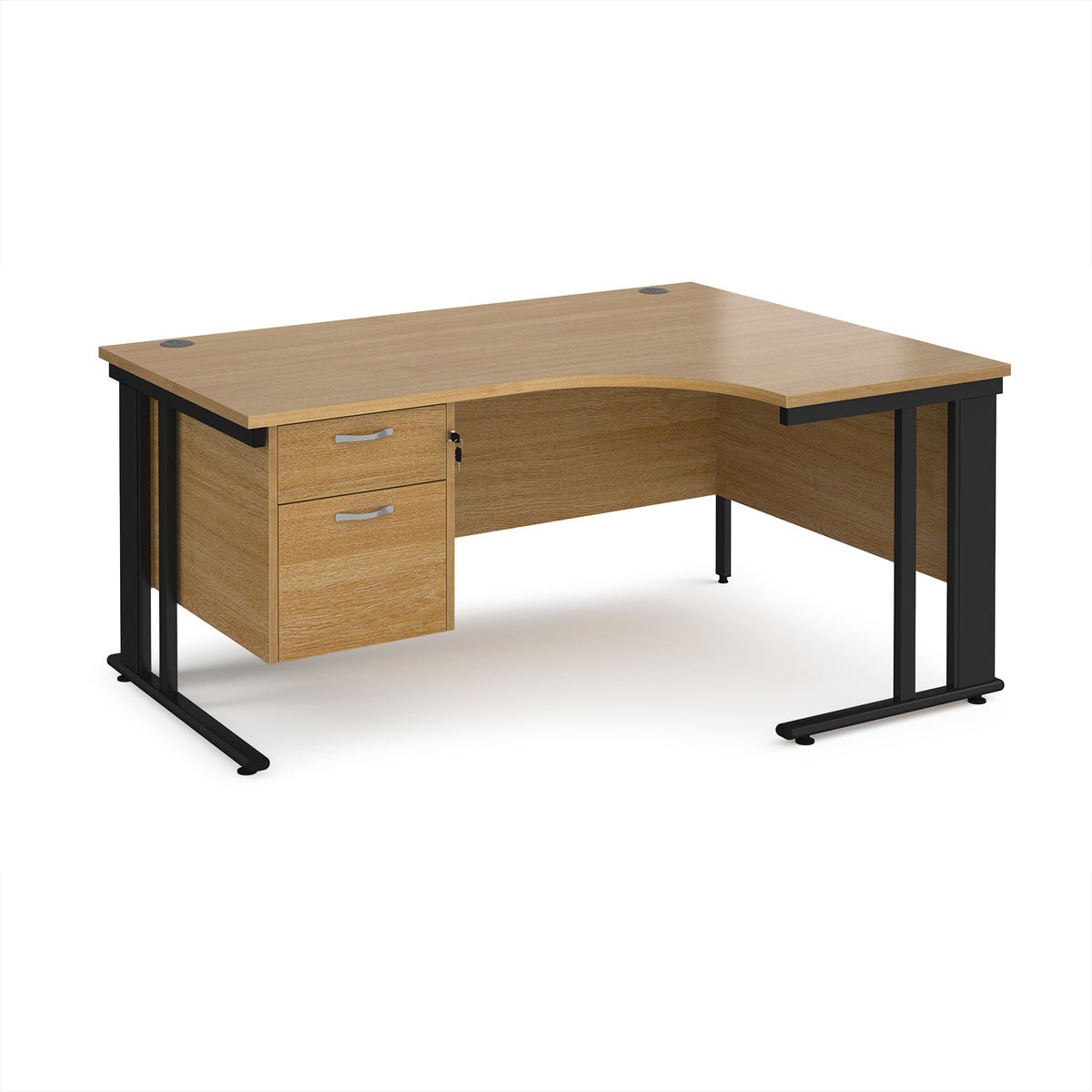 Maestro 25 right hand ergonomic desk 1600mm wide with 2 drawer pedestal - black cable managed leg frame, Oak Top - view 1