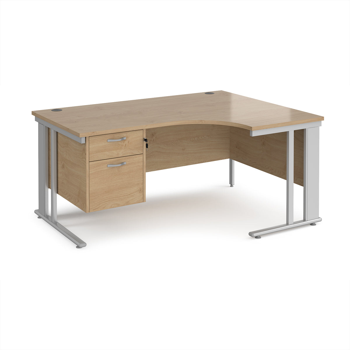 Maestro 25 right hand ergonomic desk 1600mm wide with 2 drawer pedestal - silver cable managed leg frame, Kendal Oak Top - view 1