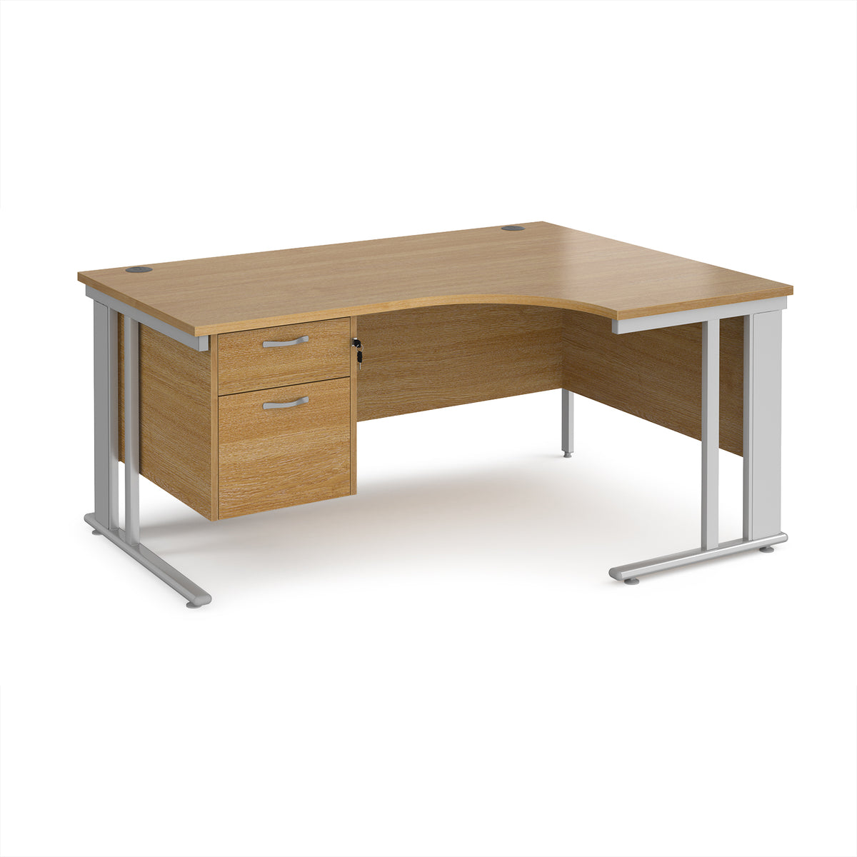 Maestro 25 right hand ergonomic desk 1600mm wide with 2 drawer pedestal - silver cable managed leg frame, Oak Top - view 1