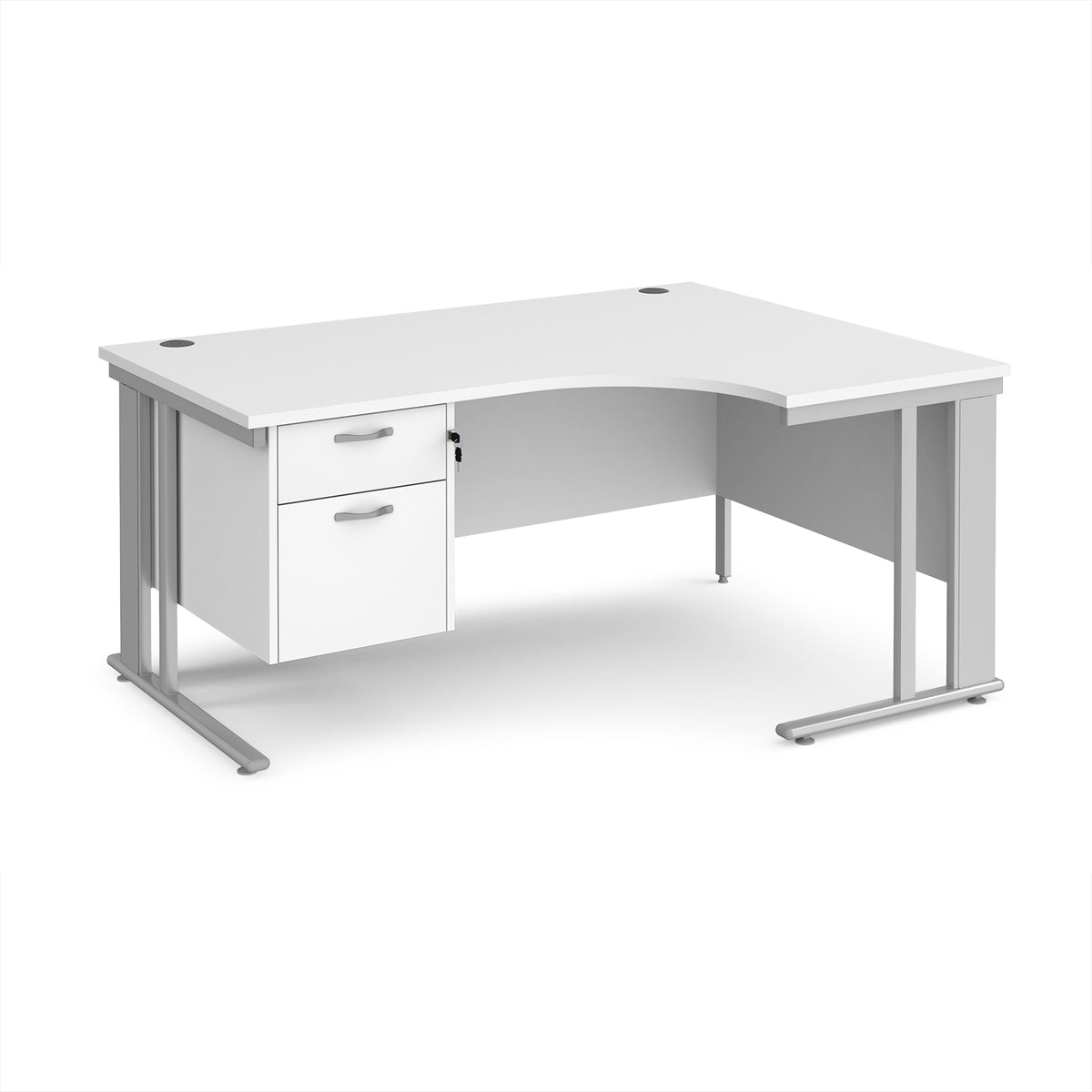 Maestro 25 right hand ergonomic desk 1600mm wide with 2 drawer pedestal - silver cable managed leg frame, White Top - view 1