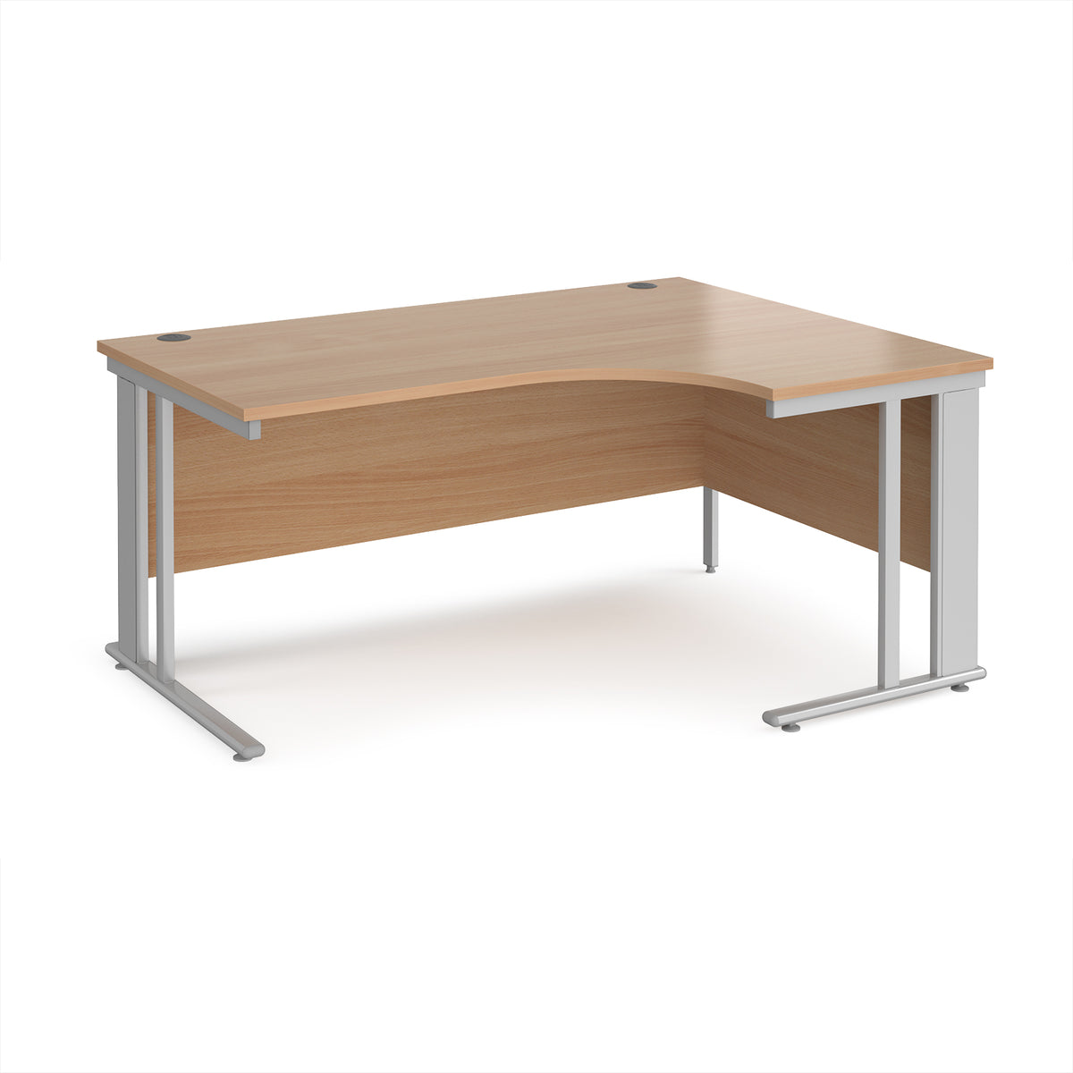 Maestro 25 right hand ergonomic desk 1600mm wide - silver cable managed leg frame, Beech top - view 1