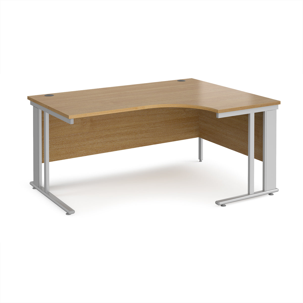 Maestro 25 right hand ergonomic desk 1600mm wide - silver cable managed leg frame, Oak Top - view 1
