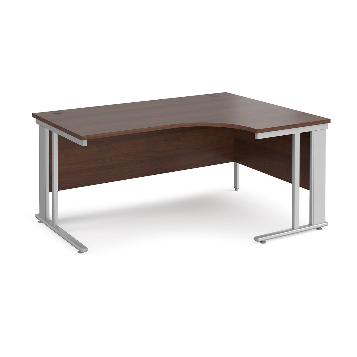 Maestro 25 right hand ergonomic desk 1600mm wide - silver cable managed leg frame, Walnut top - view 1