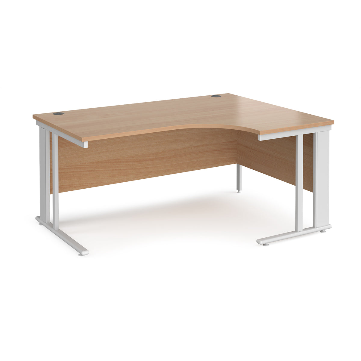 Maestro 25 right hand ergonomic desk 1600mm wide - white cable managed leg frame, Beech top - view 1
