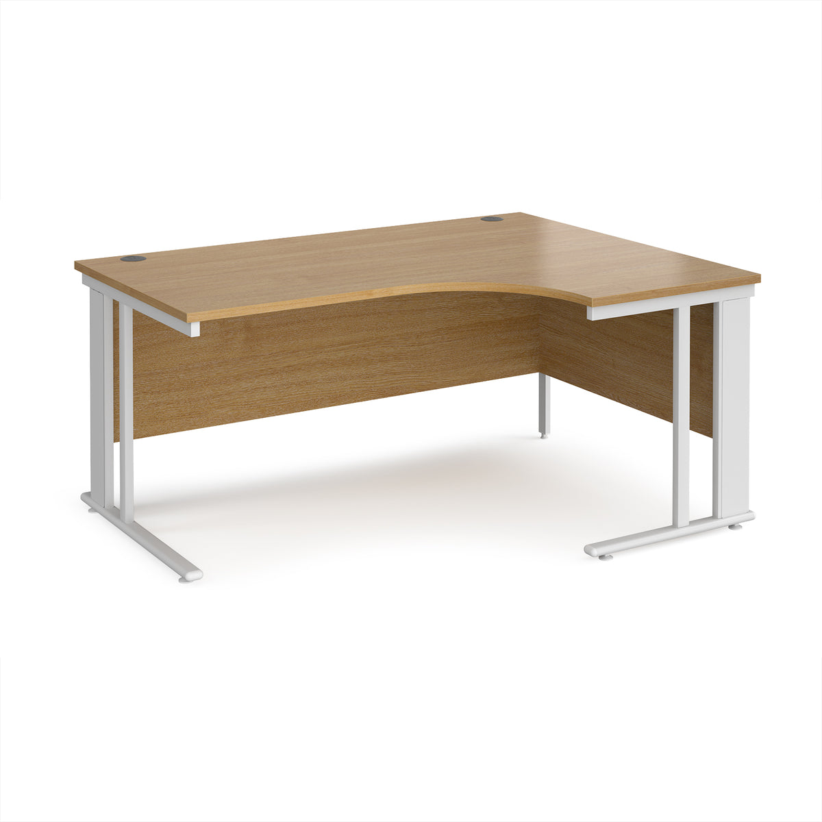 Maestro 25 right hand ergonomic desk 1600mm wide - white cable managed leg frame, Oak Top - view 1