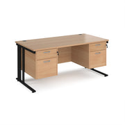 Maestro 25 straight desk 1600mm x 800mm with two x 2 drawer pedestals - black cable managed leg frame, Beech top - view 1