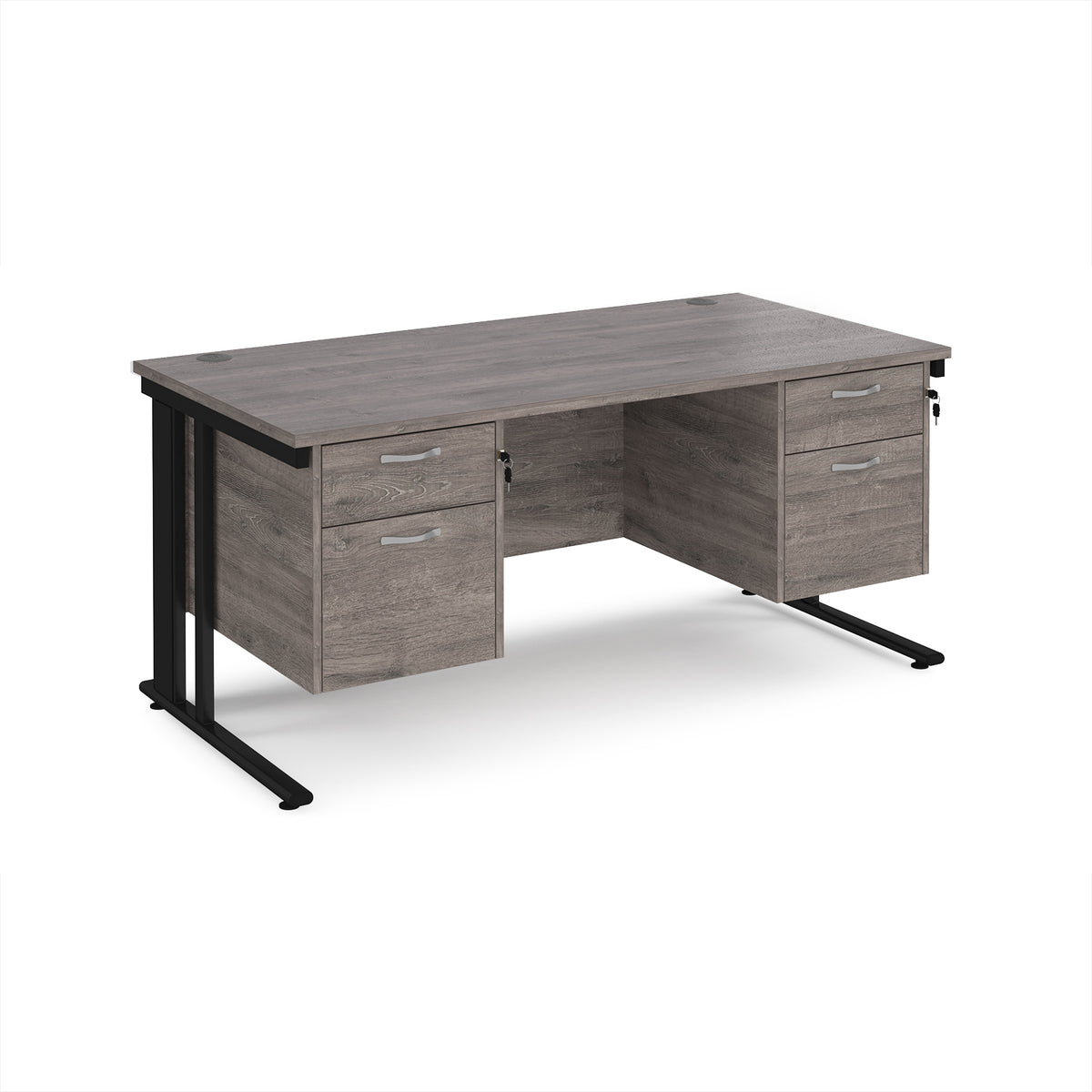 Maestro 25 straight desk 1600mm x 800mm with two x 2 drawer pedestals - black cable managed leg frame, Grey Oak Top - view 1