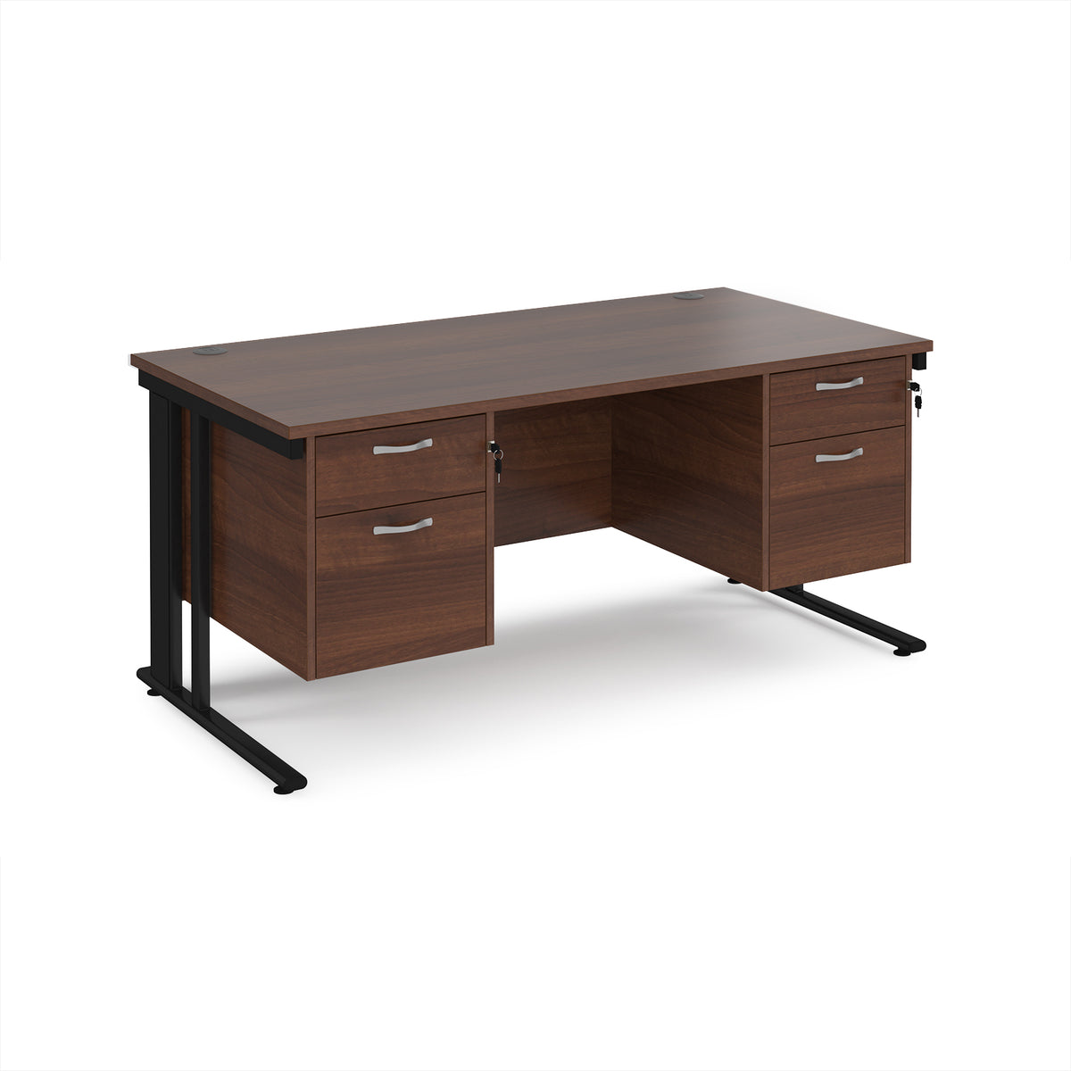 Maestro 25 straight desk 1600mm x 800mm with two x 2 drawer pedestals - black cable managed leg frame, Walnut top - view 1