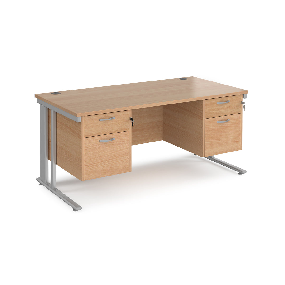 Maestro 25 straight desk 1600mm x 800mm with two x 2 drawer pedestals - silver cable managed leg frame, Beech top - view 1