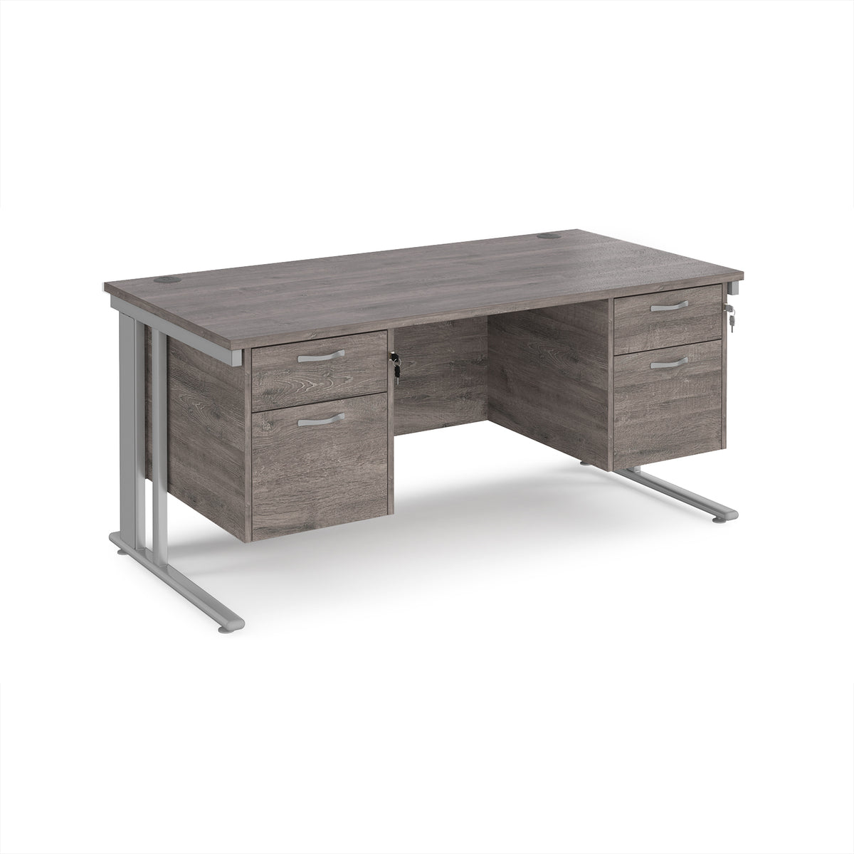 Maestro 25 straight desk 1600mm x 800mm with two x 2 drawer pedestals - silver cable managed leg frame, Grey Oak Top - view 1